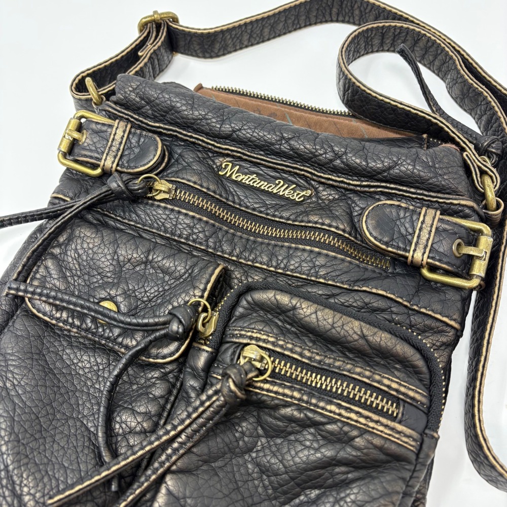 Montana West Black Bronze Metallic Vegan Leather Crossbody Bag Multi-Pocket